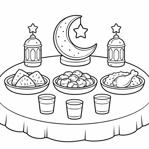 Ramazan Iftar, yazdırılabilir siyah beyaz boyama sayfası