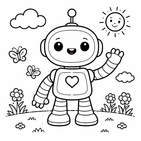 Robot Friend, printable black and white coloring page