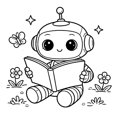 Kitap Okuyan Robot, yazdırılabilir siyah beyaz boyama sayfası