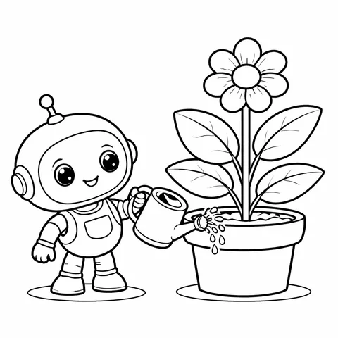 Robot Bitki Suluyor, yazdırılabilir siyah beyaz boyama sayfası