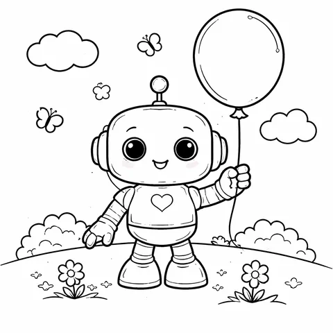 Robot with a Balloon, printable black and white coloring page