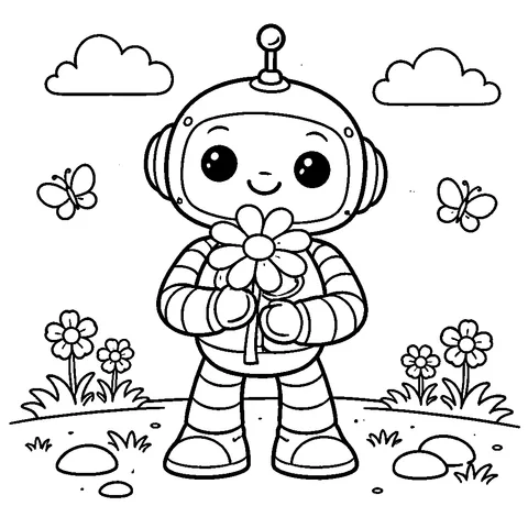 Çiçekli Robot, yazdırılabilir siyah beyaz boyama sayfası