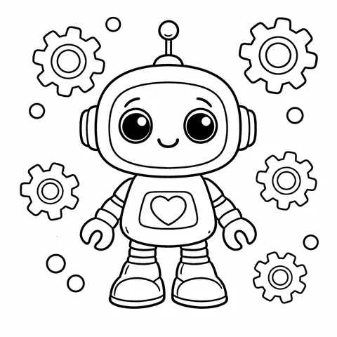 Robot with Gears, printable black and white coloring page