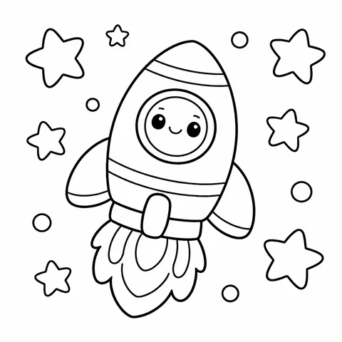 Rocket and Stars, printable black and white coloring page