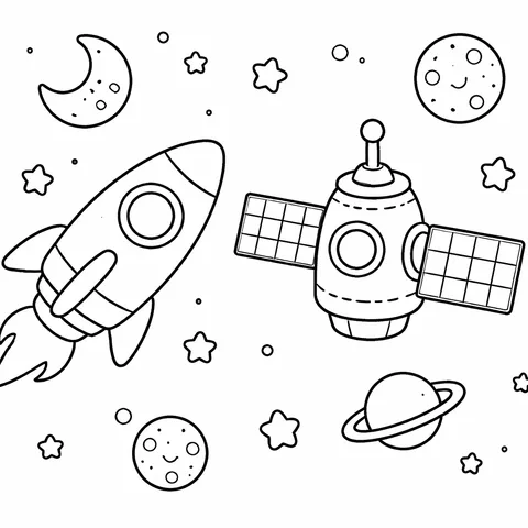 Rocket Near Space Station, printable black and white coloring page