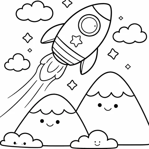 Rocket Over Mountains, printable black and white coloring page
