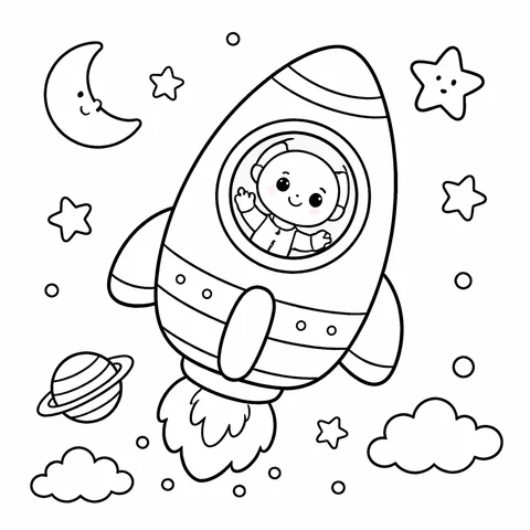 Rocket with Astronaut, printable black and white coloring page