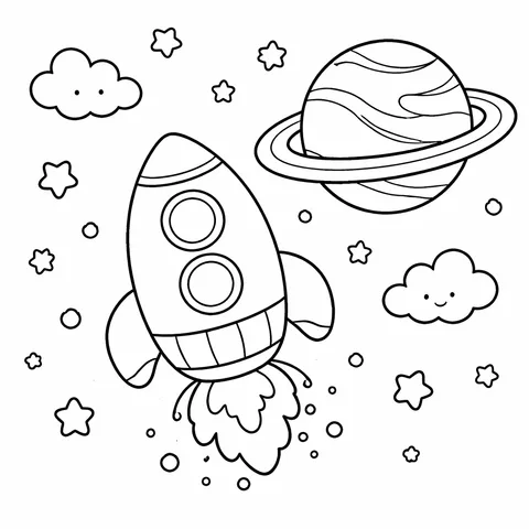 Rocket with a Planet, printable black and white coloring page