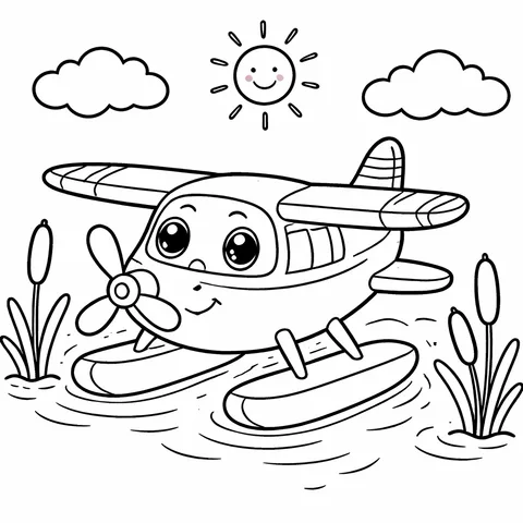 Seaplane On Lake, printable black and white coloring page