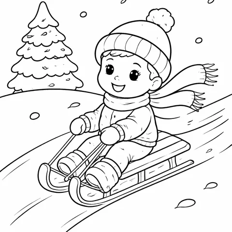 Sledding Down Hill, printable black and white coloring page