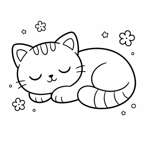 Sleeping Cat, printable black and white coloring page
