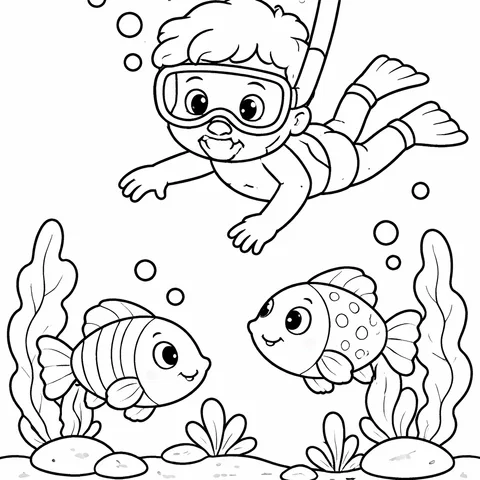 Snorkeling Fish, printable black and white coloring page