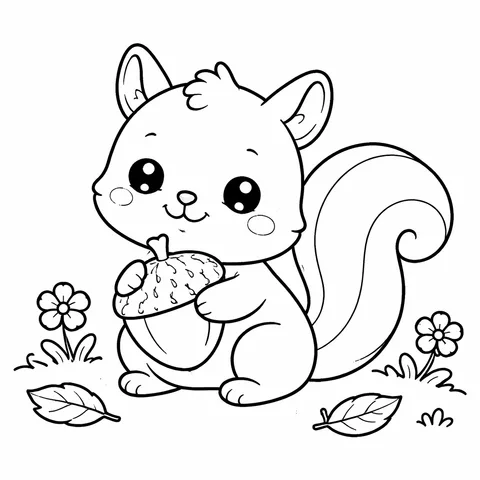 Squirrel with Acorn, printable black and white coloring page