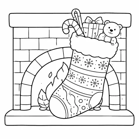 Stocking By Fireplace, printable black and white coloring page