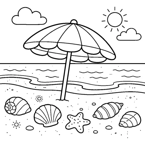 Beach with Shells, printable black and white coloring page