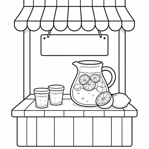 Summer Lemonade Stand, printable black and white coloring page