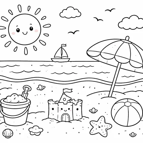 Sunny Beach, printable black and white coloring page
