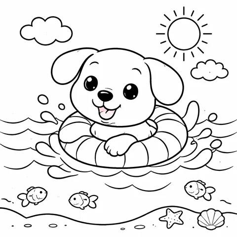 Swimming Dog, printable black and white coloring page