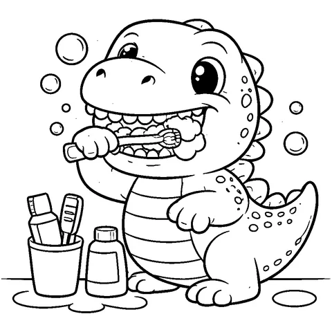 Diş Fırçalayan T-Rex, yazdırılabilir siyah beyaz boyama sayfası