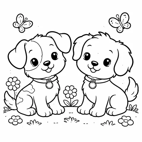 Two Puppies, printable black and white coloring page