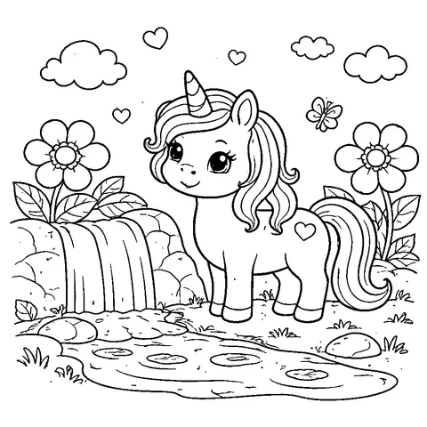 Unicorn By Waterfall, printable black and white coloring page