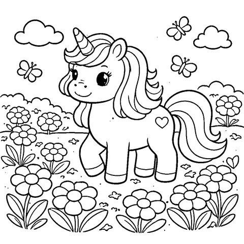 Unicorn in Flower Field, printable black and white coloring page
