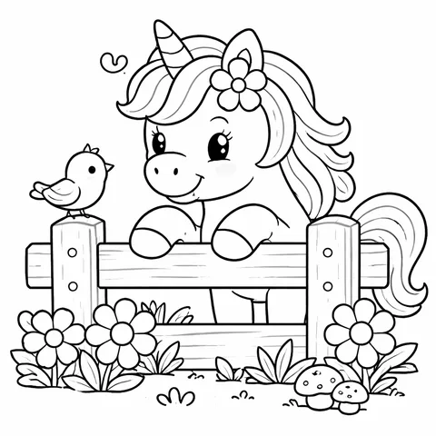 Unicorn With Bird Friend, printable black and white coloring page
