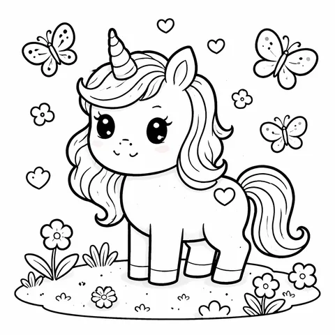 Unicorn with Butterflies, printable black and white coloring page