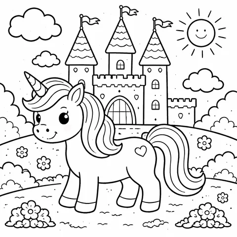 Unicorn at the Castle, printable black and white coloring page