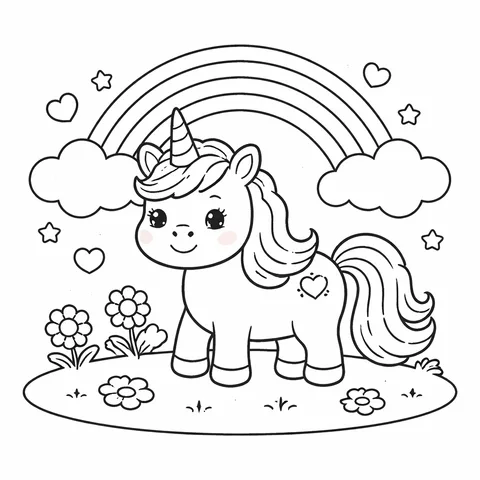 Unicorn With Rainbow, printable black and white coloring page