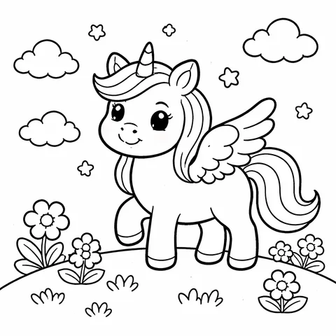 Winged Unicorn, printable black and white coloring page