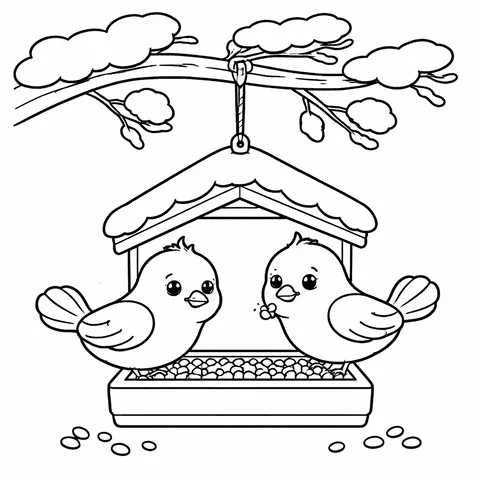 Winter Bird Feeder, printable black and white coloring page