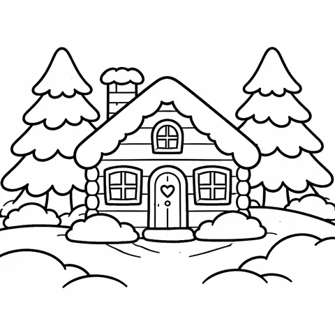 Winter Cabin Snow, printable black and white coloring page