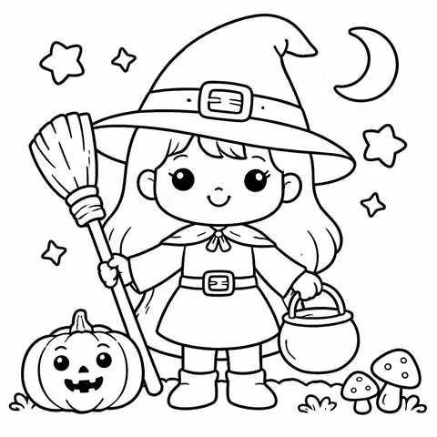 Friendly Witch, printable black and white coloring page